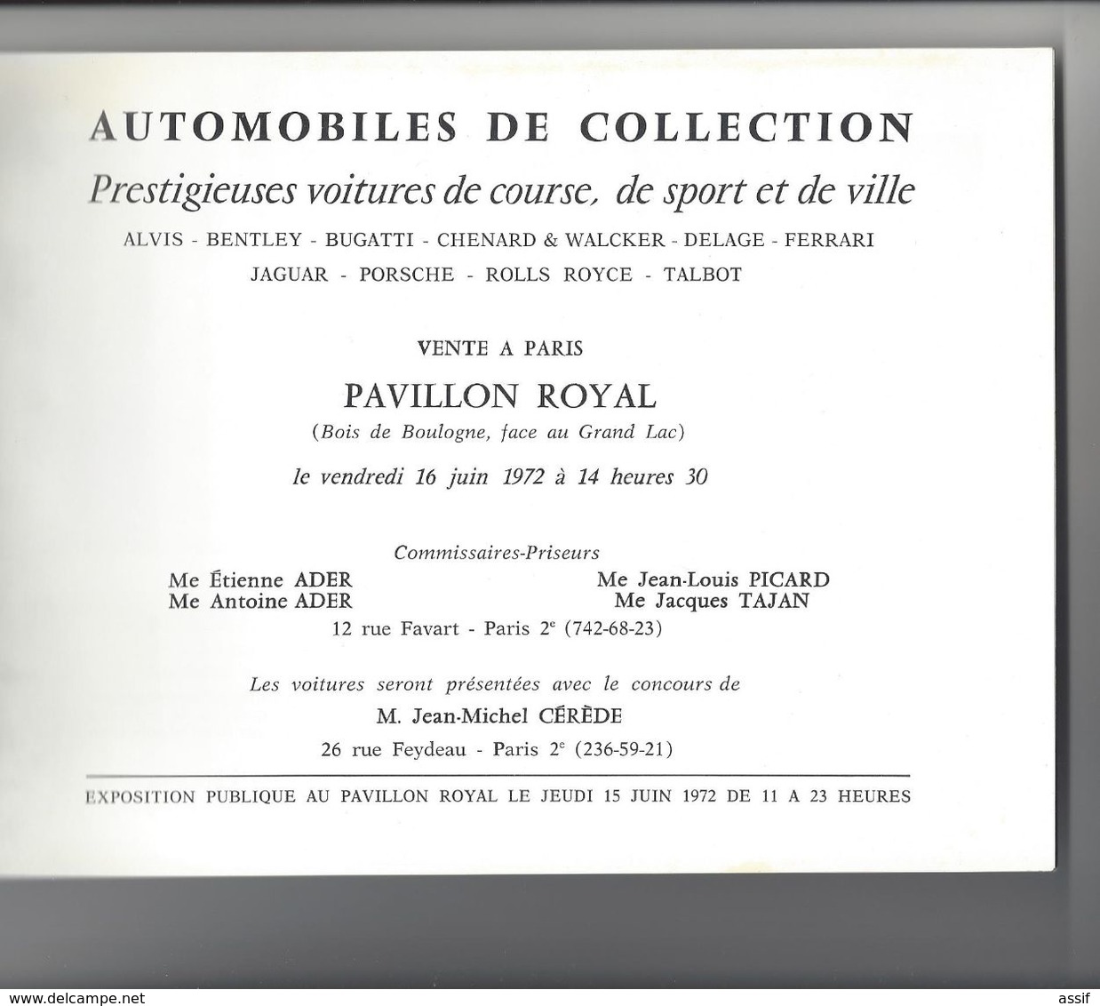 CATALOGUE VENTE AUTOMOBILES DE COLLECTION 1972 ALVIS BENTLEY BUGATTI DELAGE FERRARI JAGUAR PORSCHE .... /FREE SHIPPING R - Autres & Non Classés