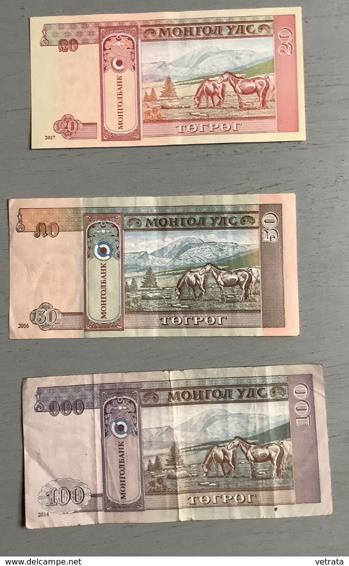 Souvenirs De La Mongolie : Billet 20 Tugrik  (Neuf) & 4 Billets 50 & 1 De 100 Tugrik (légèrement Froissés) & 11 Timbres - Mongolia