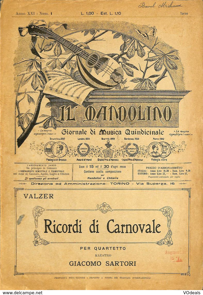 ANCIENNES PARTITIONS DE MUSIQUE -  IL MANDOLINO : GIORNALE DI MUSICA QUINDICINALE - Ricordi Di Carnovale - Année 19xx - Musik