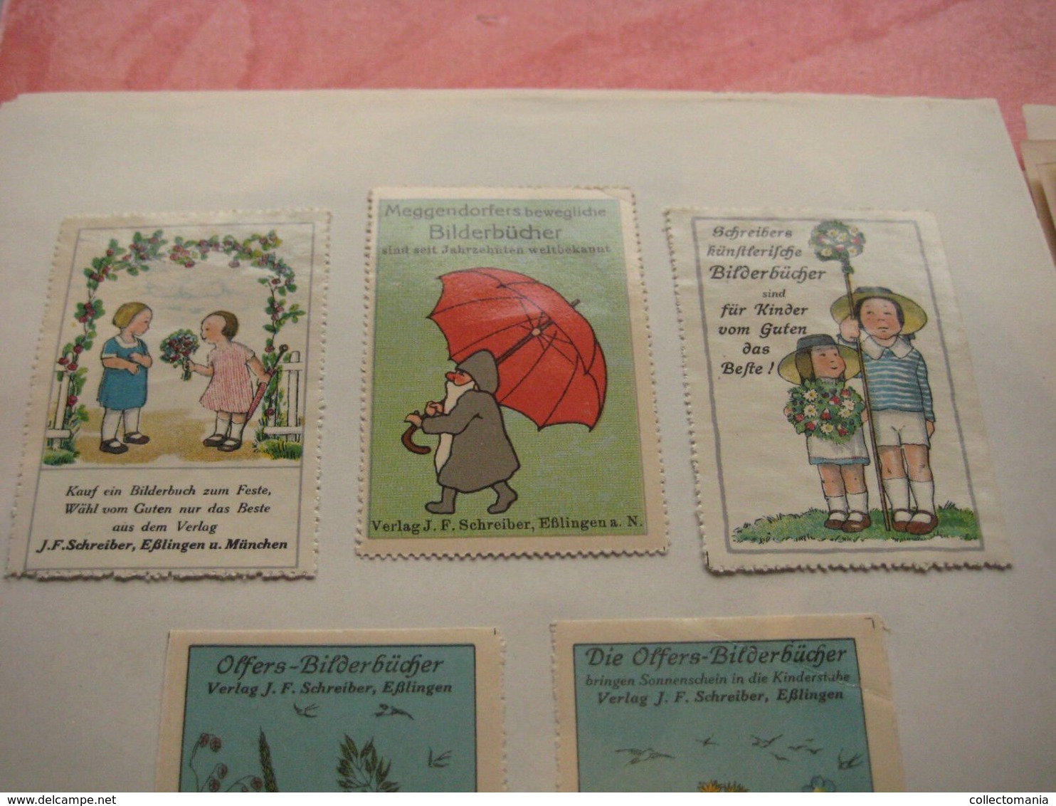 6 POSTER STAMPS anno1913  Cinderella advertising vignettes art OLFERS BILDERBUCHEN Schreiber in Eslingen ART books