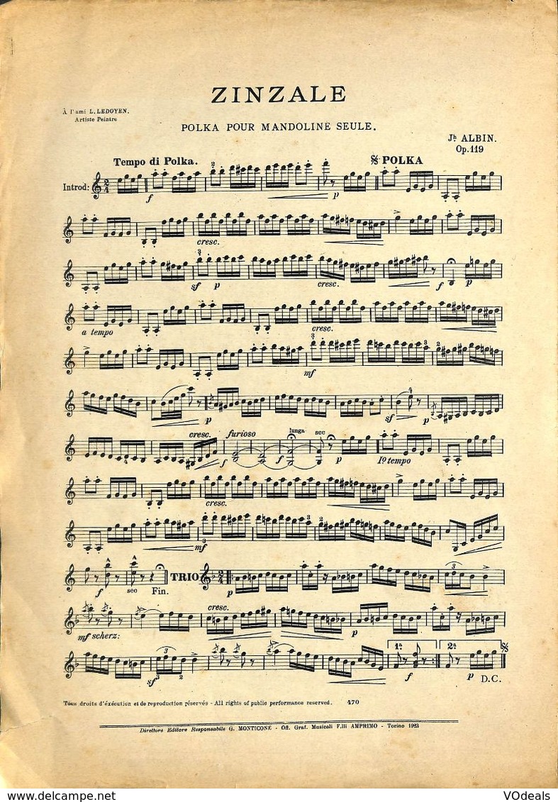 ANCIENNES PARTITIONS DE MUSIQUE -  IL MANDOLINO : GIORNALE DI MUSICA QUINDICINALE - Hélianthe - Année 1923 - Musique