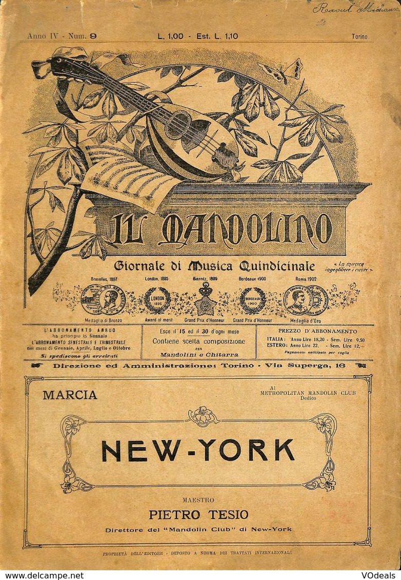 ANCIENNES PARTITIONS DE MUSIQUE -  IL MANDOLINO : GIORNALE DI MUSICA QUINDICINALE - New-York - Année 192x - Musik