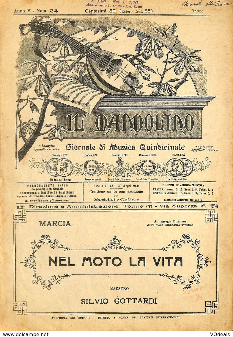 ANCIENNES PARTITIONS DE MUSIQUE -  IL MANDOLINO : GIORNALE DI MUSICA QUINDICINALE - Nel Moto La Vita - Année 192x - Musique