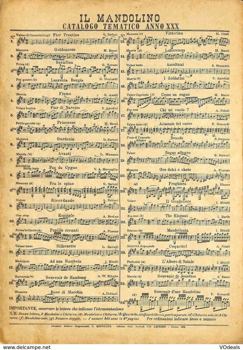 ANCIENNES PARTITIONS DE MUSIQUE -  IL MANDOLINO : GIORNALE DI MUSICA QUINDICINALE - Nel Moto La Vita - Année 192x - Musik