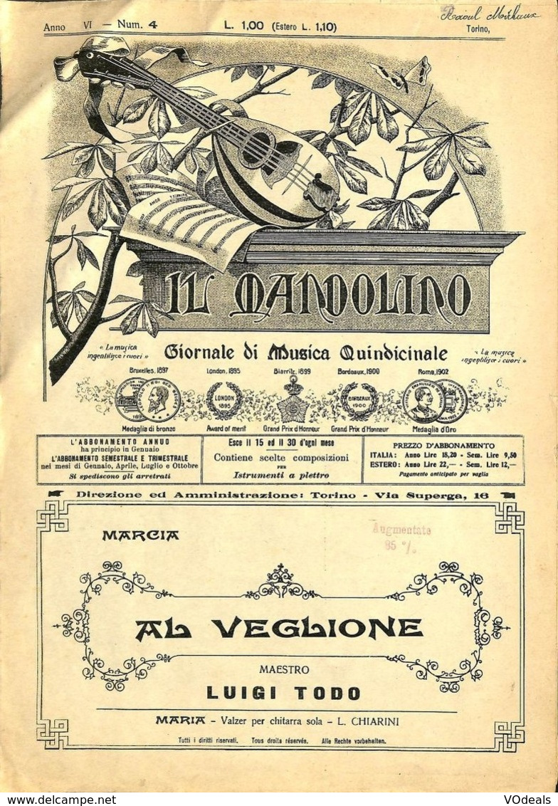 ANCIENNES PARTITIONS DE MUSIQUE -  IL MANDOLINO : GIORNALE DI MUSICA QUINDICINALE - Al Veglione - Année 1928 - Music