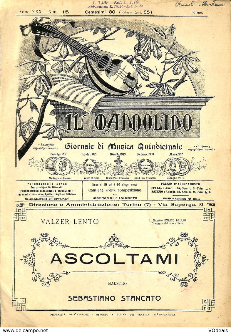 ANCIENNES PARTITIONS DE MUSIQUE -  IL MANDOLINO : GIORNALE DI MUSICA QUINDICINALE - Ascoltami - Année 1925 - Musica