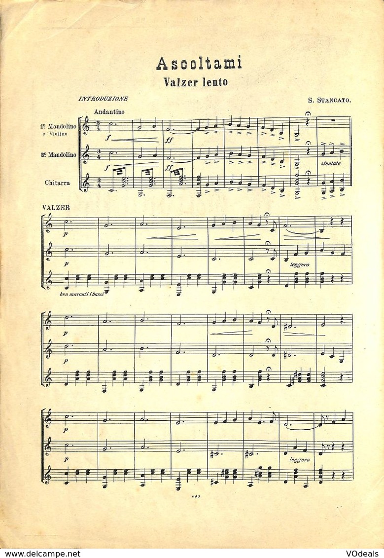 ANCIENNES PARTITIONS DE MUSIQUE -  IL MANDOLINO : GIORNALE DI MUSICA QUINDICINALE - Ascoltami - Année 1925 - Musica
