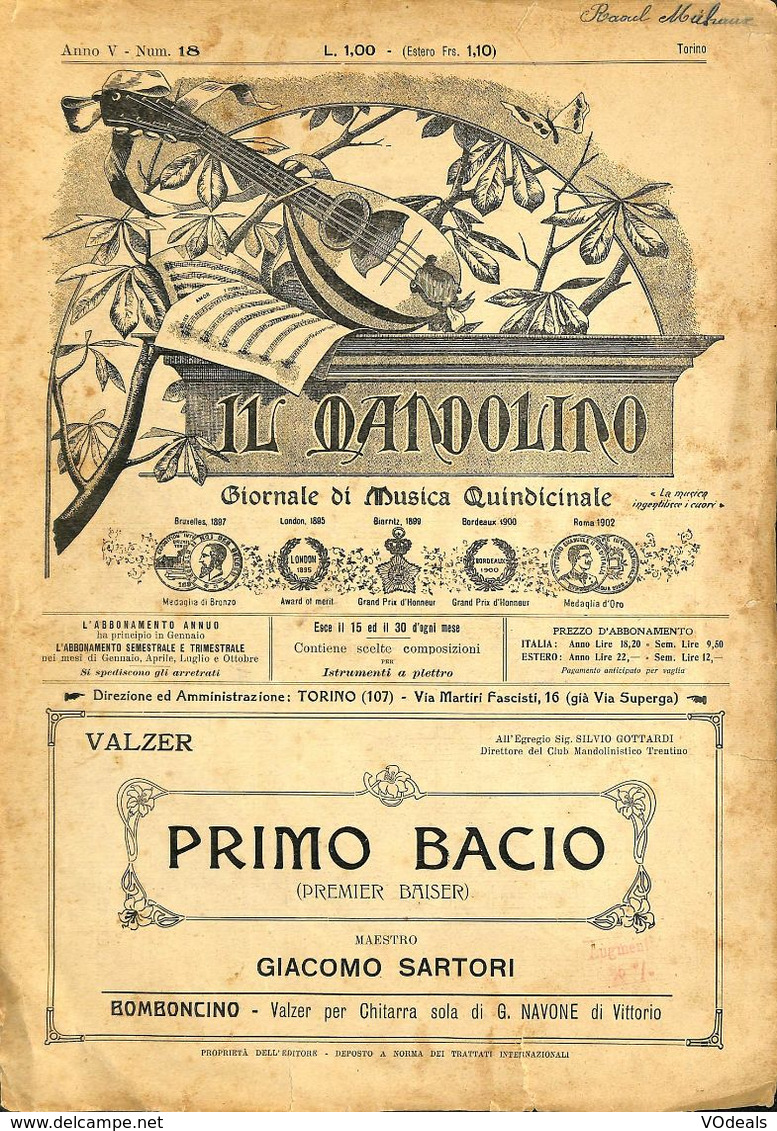 ANCIENNES PARTITIONS DE MUSIQUE -  IL MANDOLINO : GIORNALE DI MUSICA QUINDICINALE - Primo Bacio - Année 19xx - Música