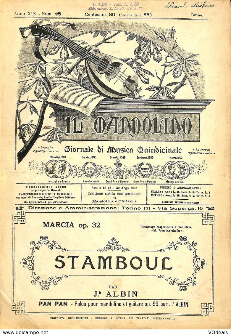 ANCIENNES PARTITIONS DE MUSIQUE -  IL MANDOLINO : GIORNALE DI MUSICA QUINDICINALE - Stamboul - Année 1924 - Musique