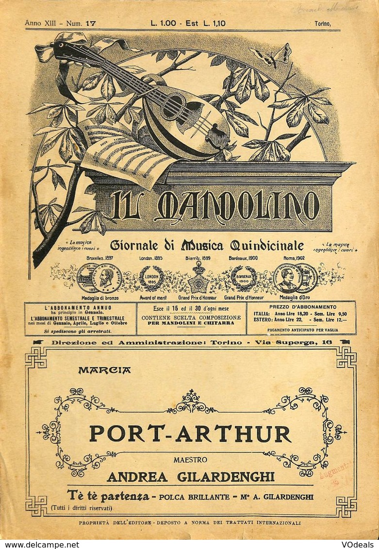 ANCIENNES PARTITIONS DE MUSIQUE -  IL MANDOLINO : GIORNALE DI MUSICA QUINDICINALE - Port-Arthur - Année 1926 - Musique