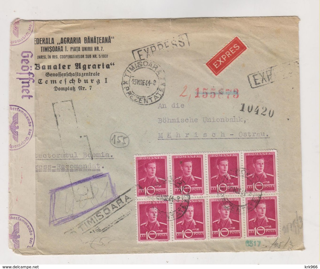 ROMANIA 1941 TIMISOARA Registered Censored Cover To BOHEMIA & MORAVIA - Cartas De La Segunda Guerra Mundial