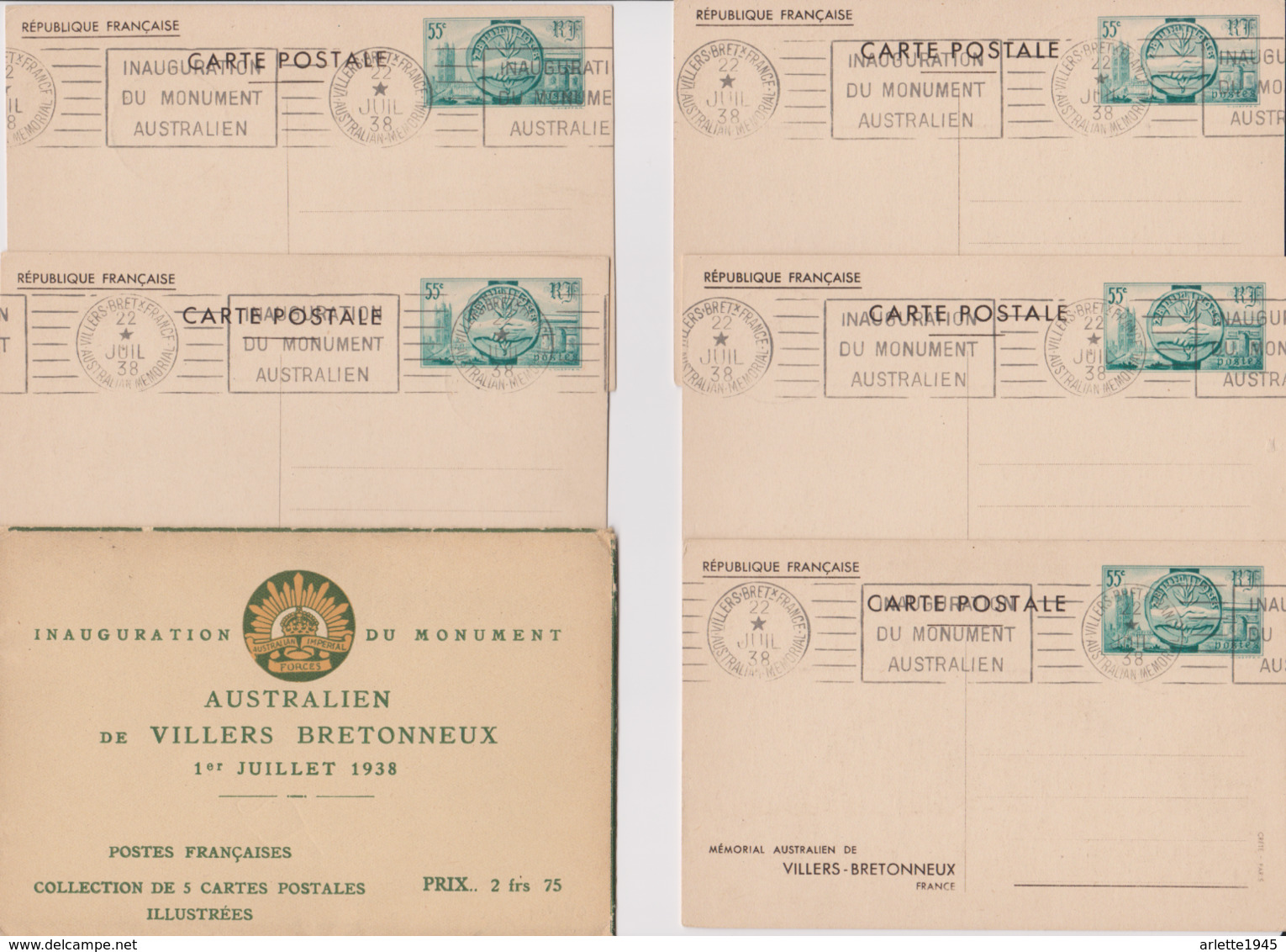 5 CARTES AVEC POCHETTE INAUGURATION DU MONUMENT AUSTRALIEN VILLERS - BRETONNEUX 22 JUILLET 1938 - Konvolute: Ganzsachen & PAP