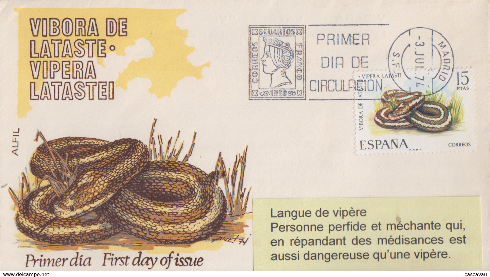 Enveloppe  FDC   1er   Jour    ESPAGNE   Serpent  :  Vipére   1974 - Schlangen