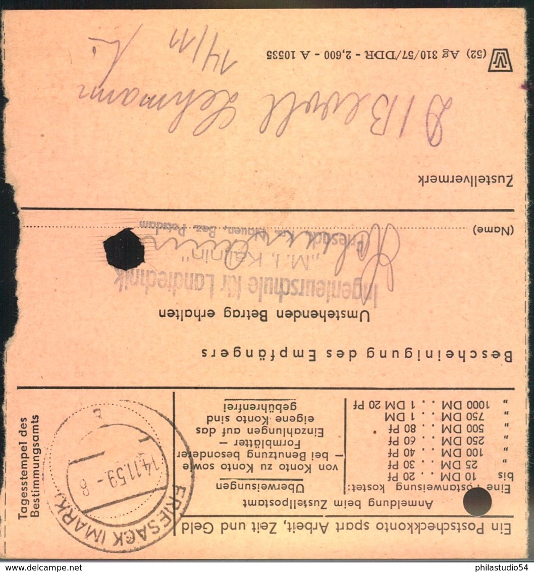 1959, Postanweisung Ab "SEELOW (MARK)" Mit 60 Pfg. "10 Jahre DDR" - Lettres & Documents