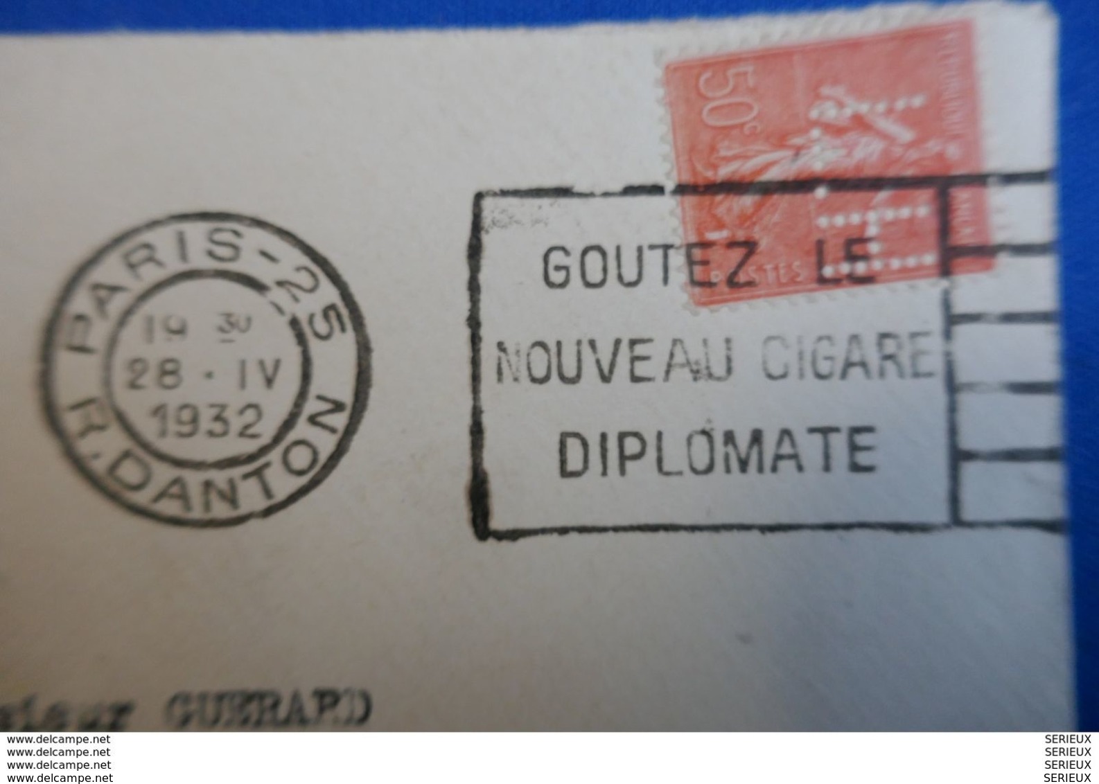 L71 FRANCE LETTRE PERFIN 1932 PARIS POUR BEUZEVILLE SEMEUSE + PERFORATION AFFRANCHISSEMENT RARE PUB - Lettres & Documents