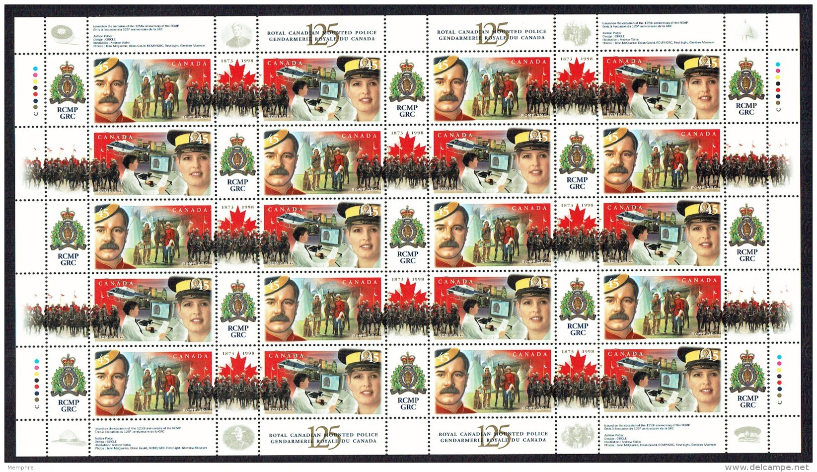 1998  RCMP's 125th Ann.  Sc 1736-7 Complete Sheet Of 20 Stamps And 25 Labels MNH - Fogli Completi