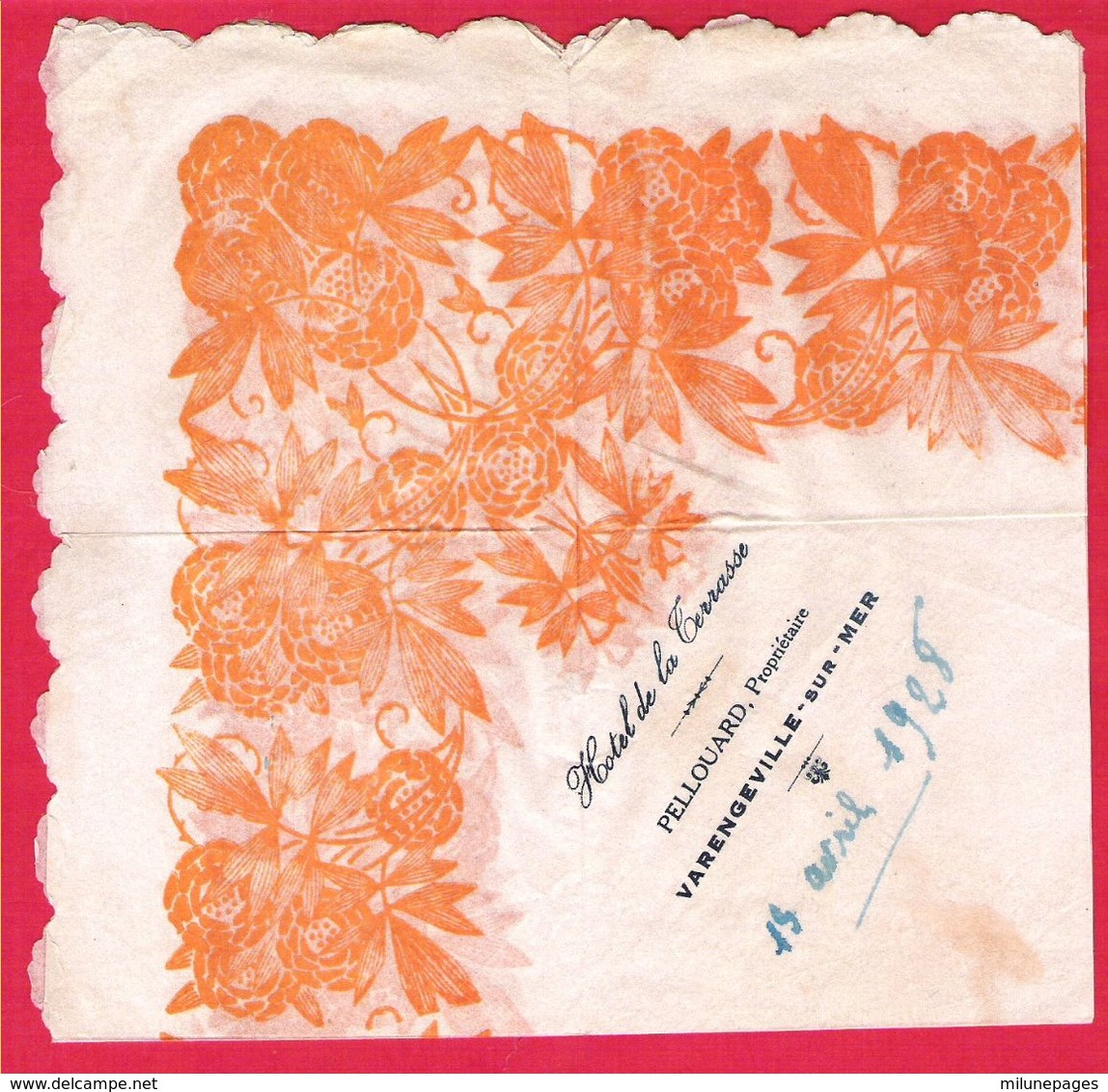 Serviette Publicitaire En Papier Décoré Pour L'Hôtel De La Terrasse à Varengeville Sur Mer Pellouard Prop. Datée 1928 - Company Logo Napkins