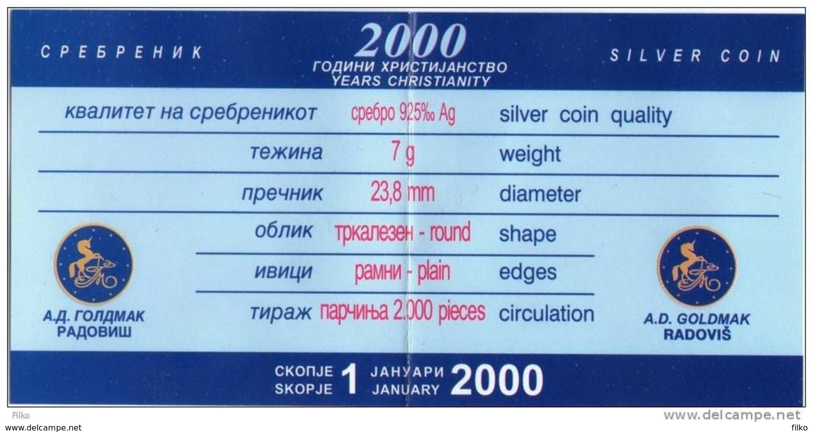 Macedonia 1 Denar 2000 Silver Commemorativ Km#9a, With Certificate, As Scan - Macedonia Del Nord