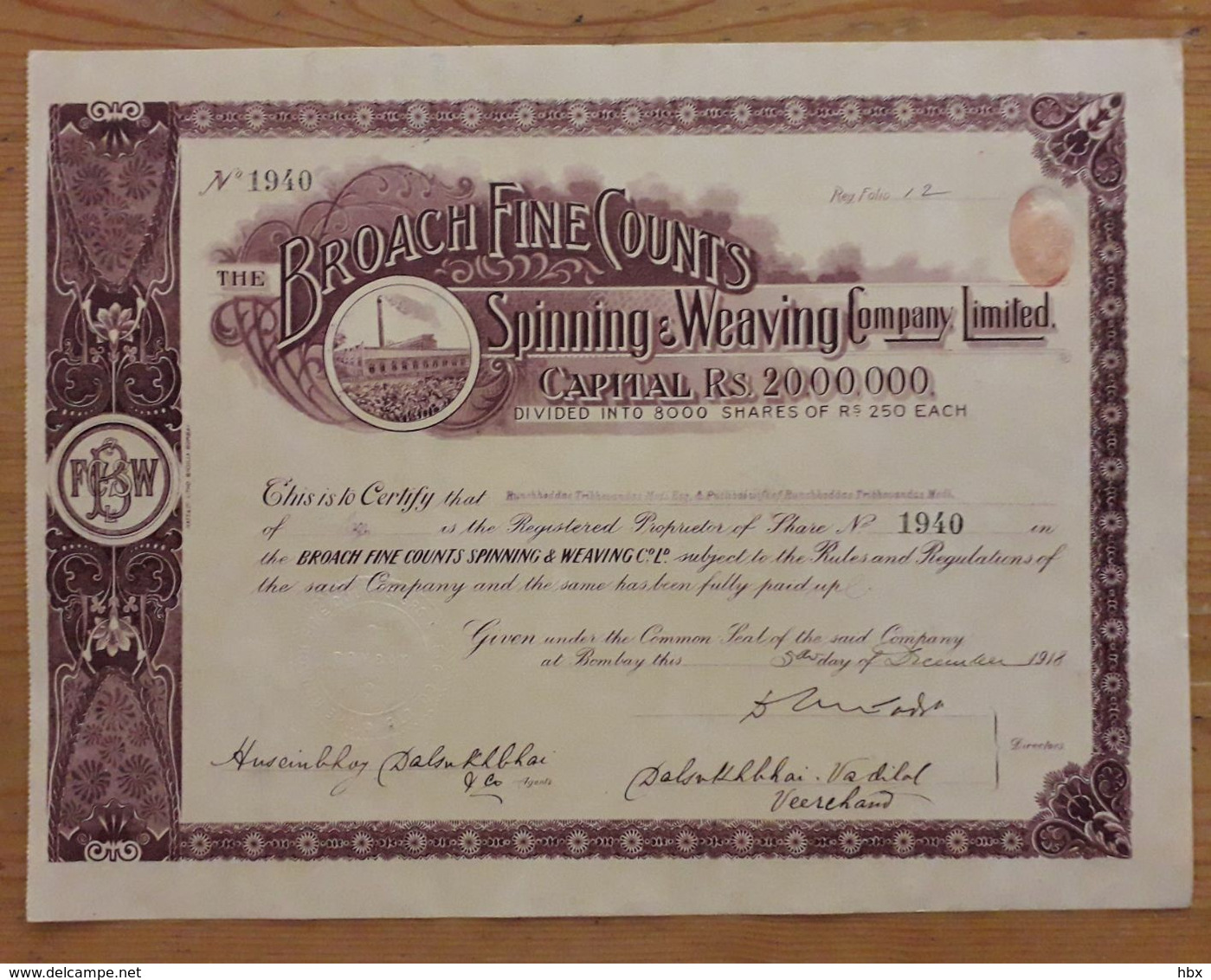 The Broach Fine Counts Spinning & Weaving Company - 1918 - Asie