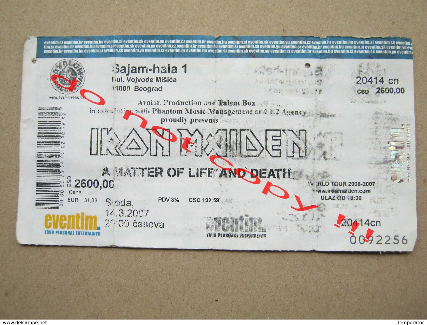 IRON MAIDEN  / A Matter Of Life And Death - Used Ticket Belgrade ( 2007 ) - Biglietti Per Concerti