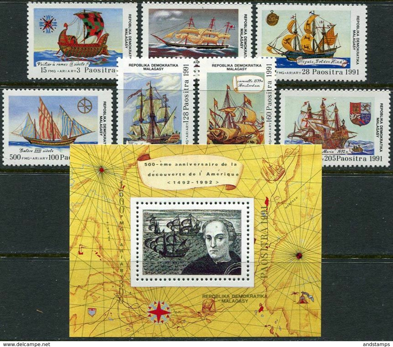 Malagasy 1991. Michel #1316/22+Bl.#165 MNH/Luxe. 500th Anniversary Of The Discovery Of America. Ships. Columbus (Ts10) - Madagascar (1960-...)