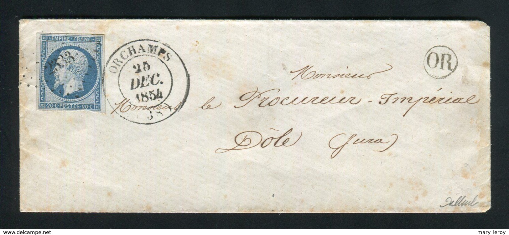 Rare Lettre D'Orchamp Pour Dôle ( Jura 1854 ) Avec Un N° 14Af - Cachet PC 2333 - Signé Pothion - 1849-1876: Période Classique