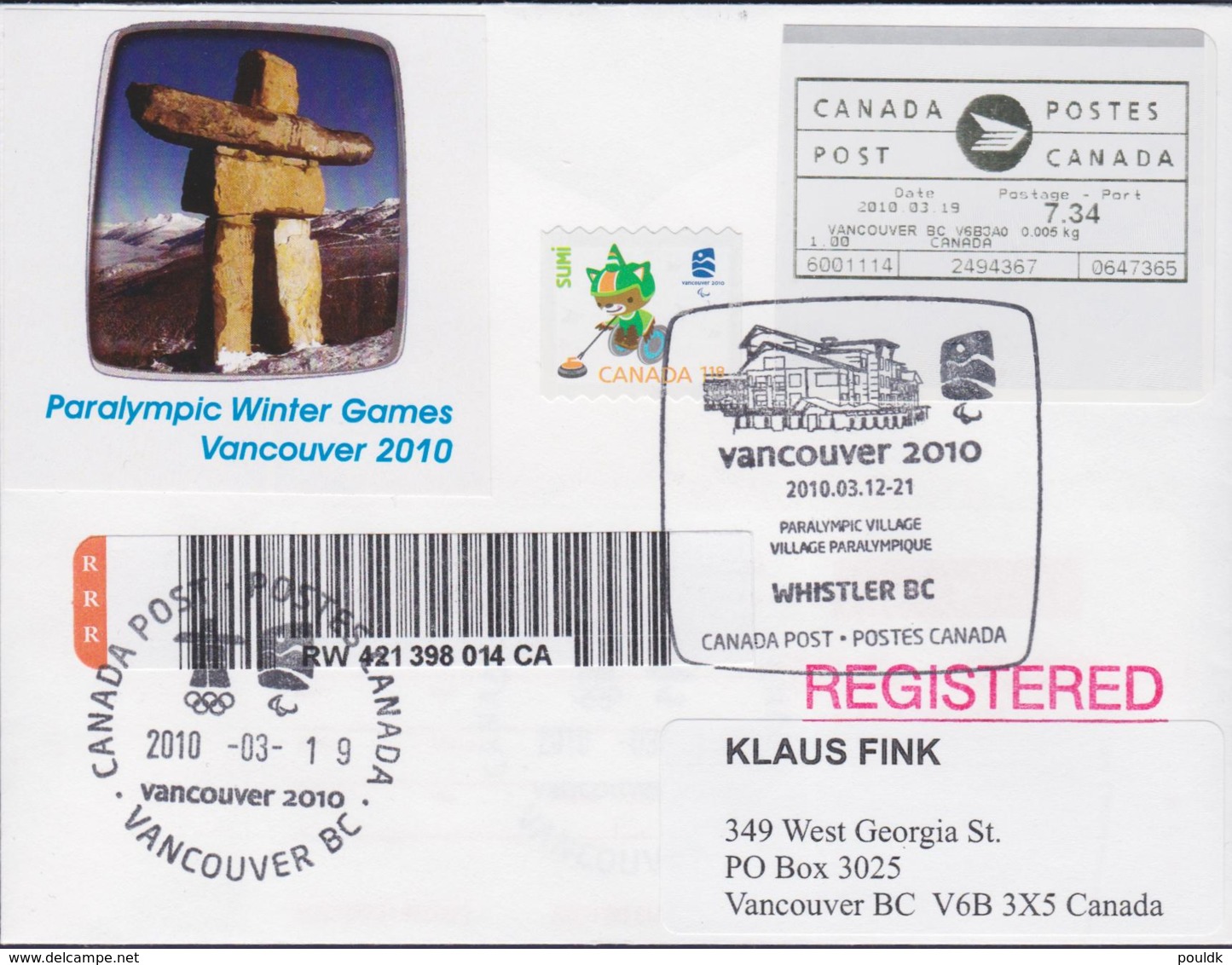 Canada Registered Cover 2010 Vancouver Paralympic Winter Games Franked W/S F S + Stamp Posted Whistler BC - Winter 2010: Vancouver