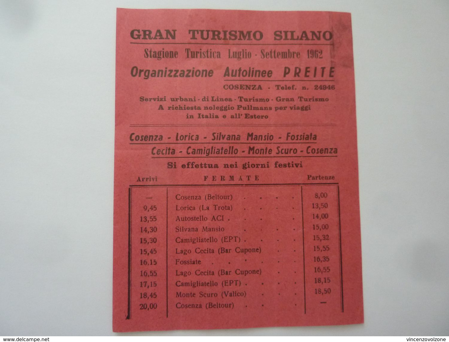 Foglietto Orario "GRAN TURISMO SILANO AUTOLINEE PREITE Stagione Turistica LUGLIO - SETTEMBRE 1962" - Europe