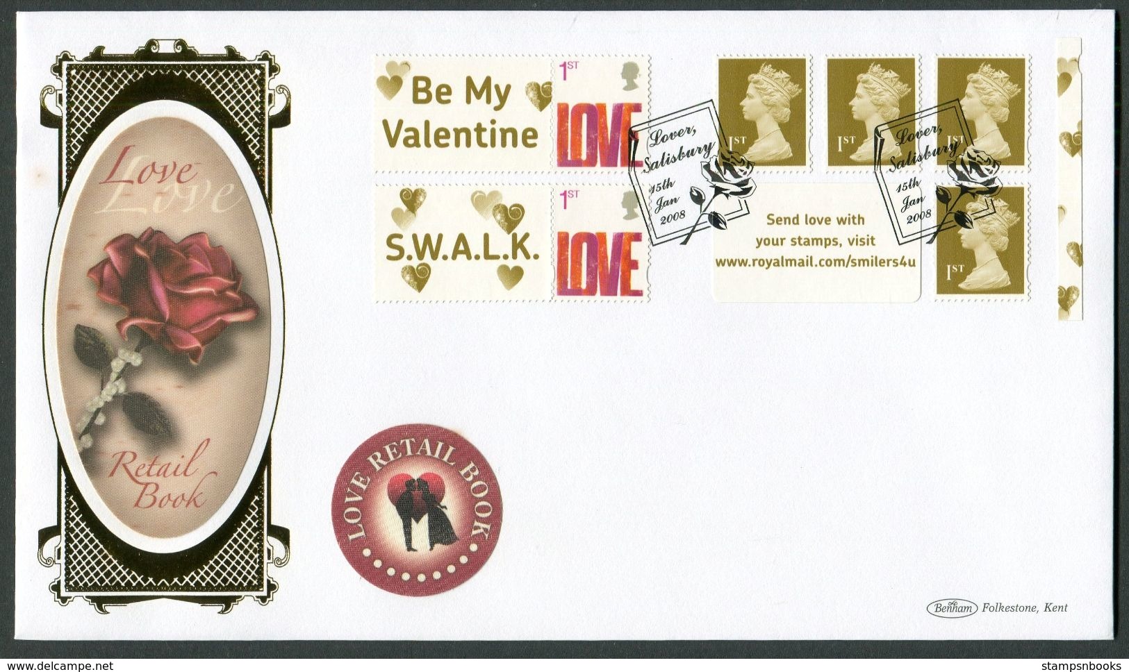 2008 GB Smilers Love Booklet Benham Cover. S.W.A.L.K. "Be My Valentine" Romance Roses, Lover Salisbury - Persoonlijke Postzegels