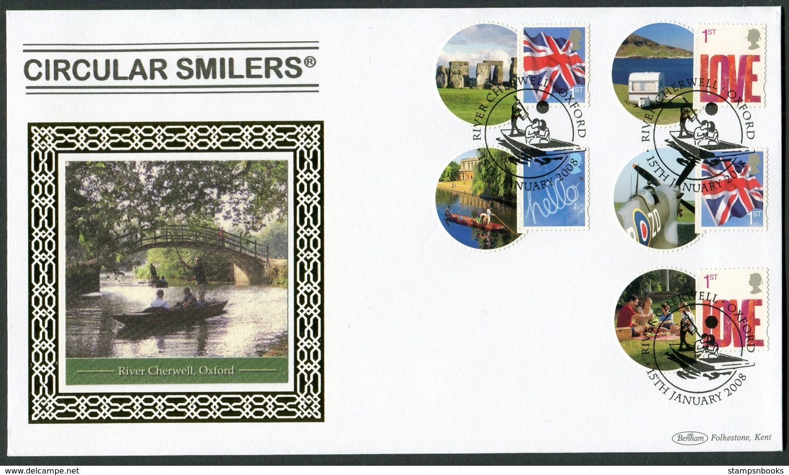 2008 GB Circular Smilers Benham Covers (2). River Cherwell, Oxford Cricket Stonehenge Bulldog - Francobolli Personalizzati