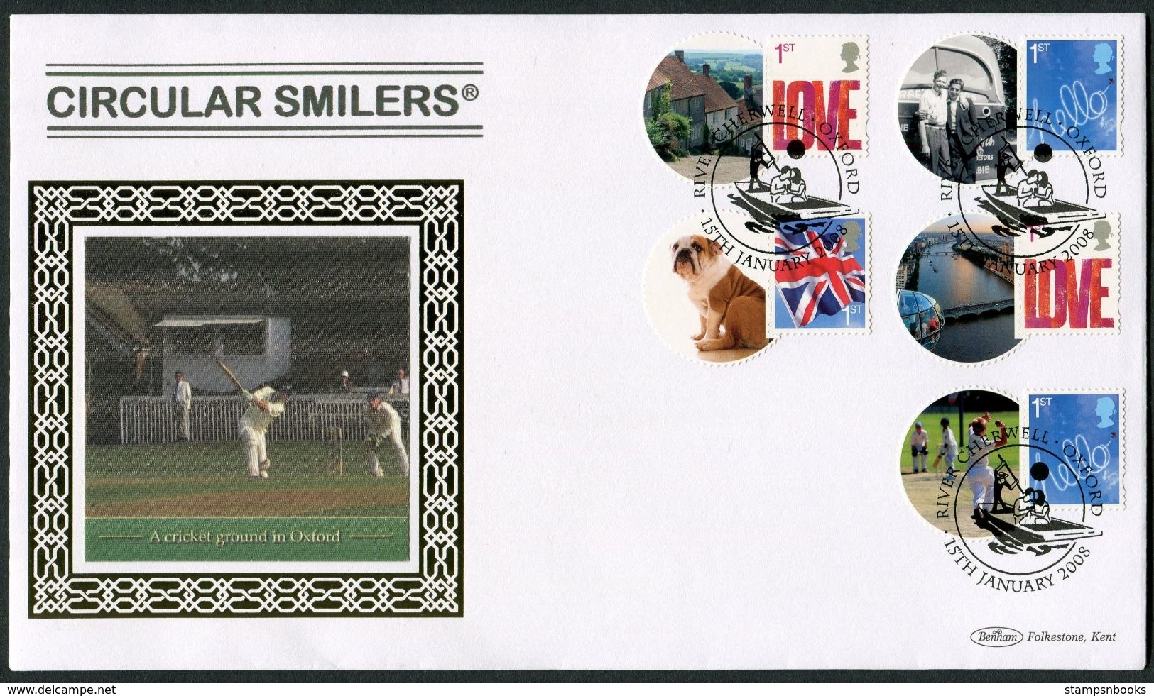2008 GB Circular Smilers Benham Covers (2). River Cherwell, Oxford Cricket Stonehenge Bulldog - Francobolli Personalizzati