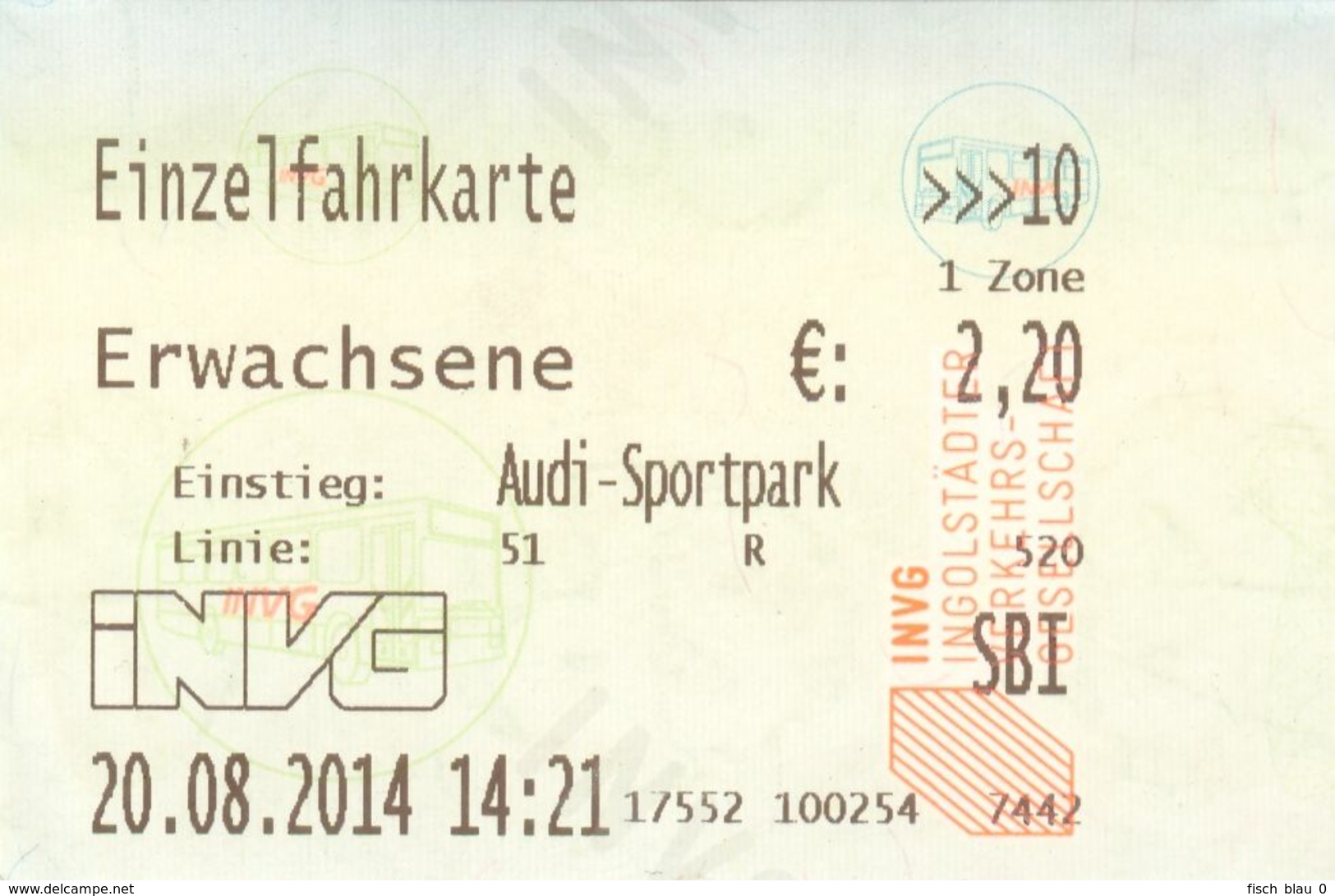 Fahrkarte Fahrschein Ingolstadt Audi Sportpark Linie 51 INVG 2014 Bayern Autobus - Europa