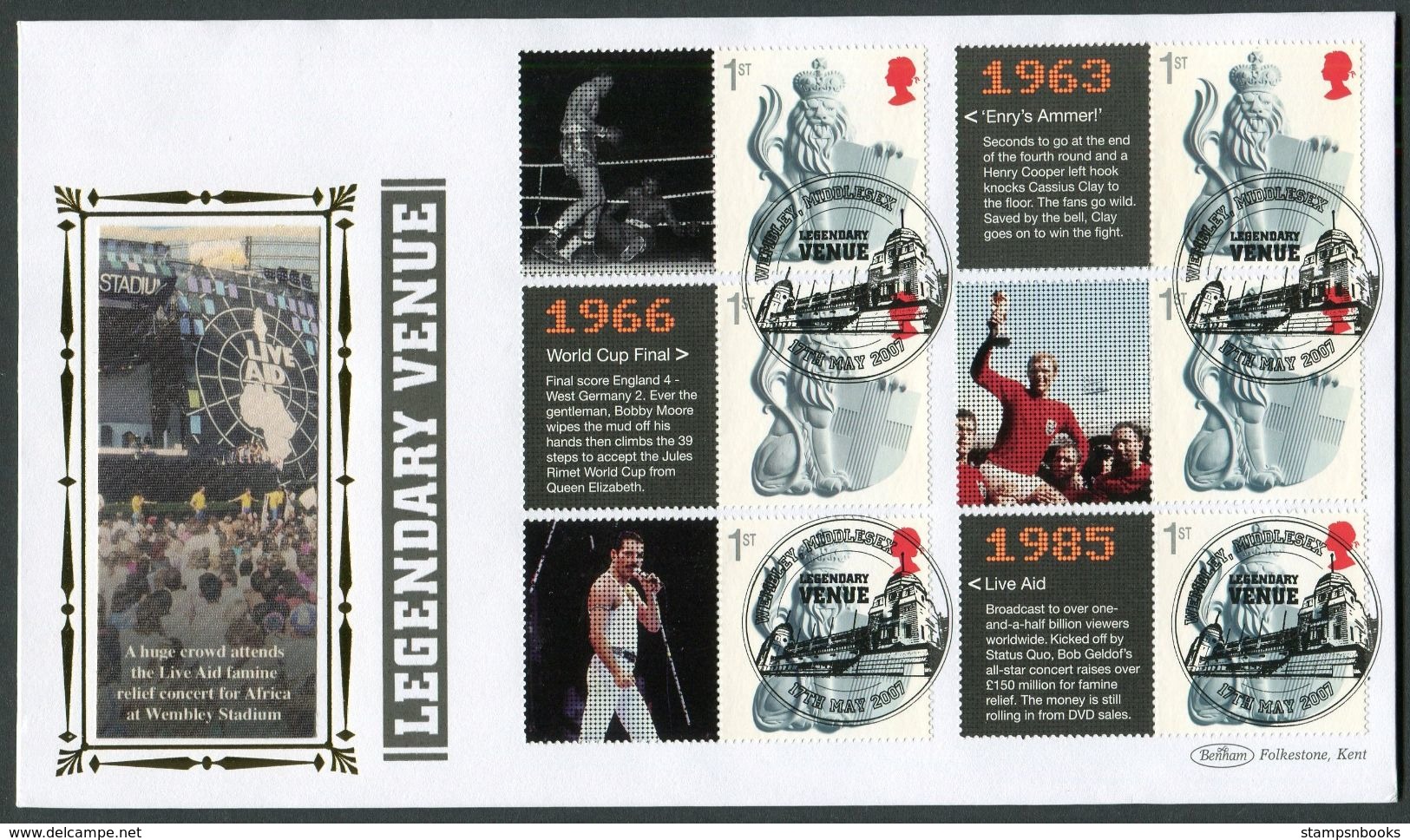 2007 GB Wembly Stadium, Smilers Benham Covers (2). World Cup Final, Queen, Live Aid, Henry Cooper V Ali Boxing, 3 Tenors - Personalisierte Briefmarken