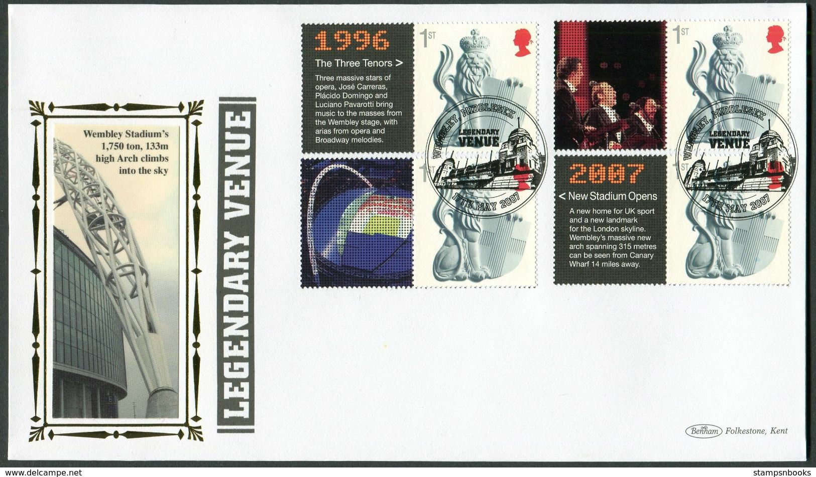 2007 GB Wembly Stadium, Smilers Benham Covers (2). World Cup Final, Queen, Live Aid, Henry Cooper V Ali Boxing, 3 Tenors - Personalisierte Briefmarken