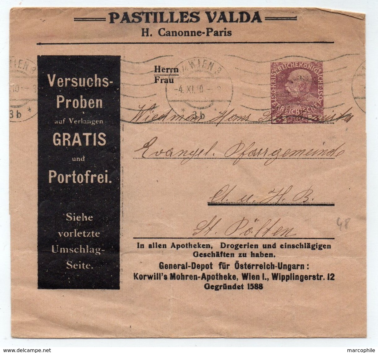 PASTILLES VALDA - MEDICAMENT POUR LA GORGE / 1910 ENTIER POSTAL PRIVE AUTRICHIEN - BANDE JOURNAL (ref 4855) - Pharmacy