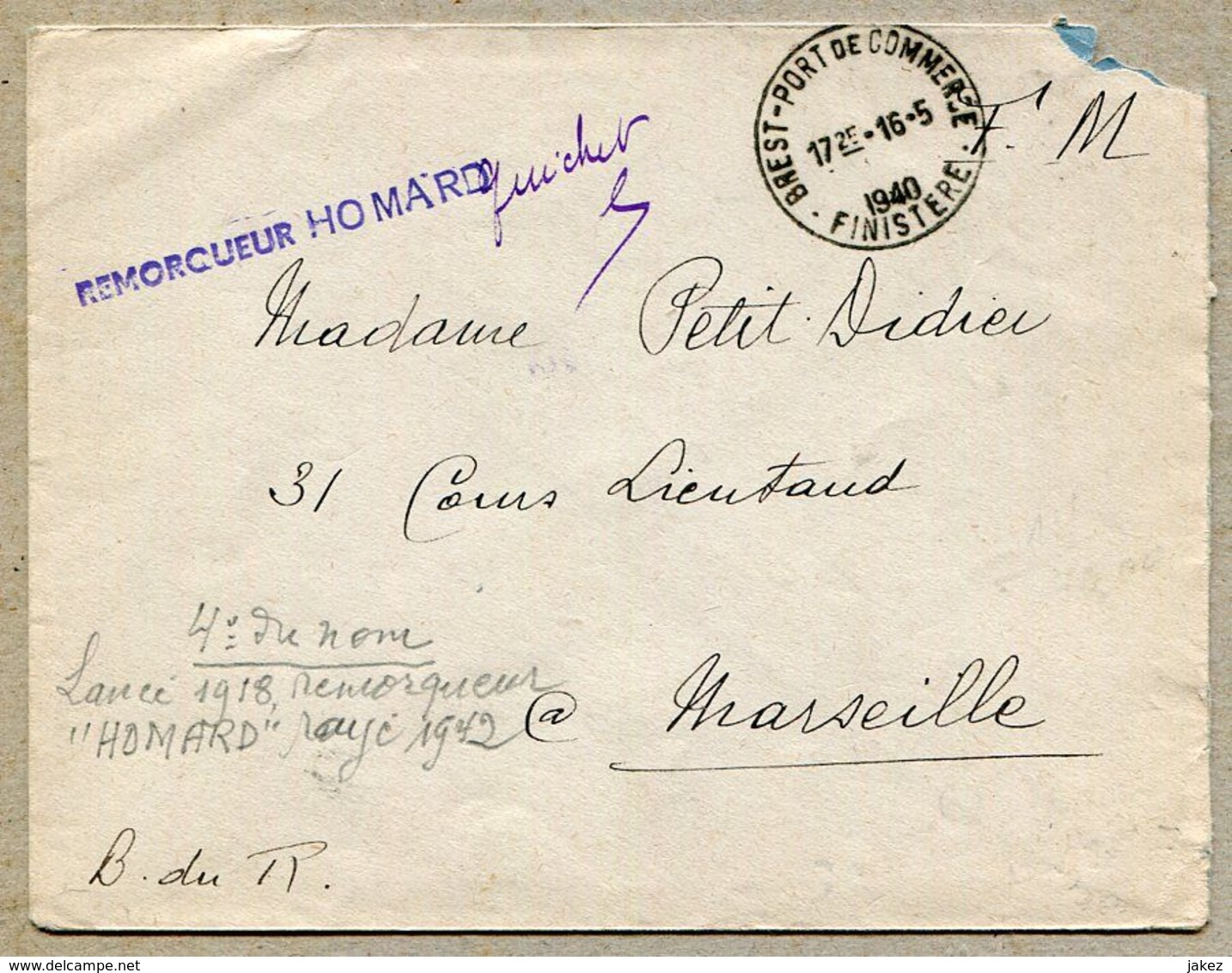 REMORQUEUR "HOMARD" Linéaire + Horoplan  BREST - PORT DE COMMERCE 1940 - Posta Marittima