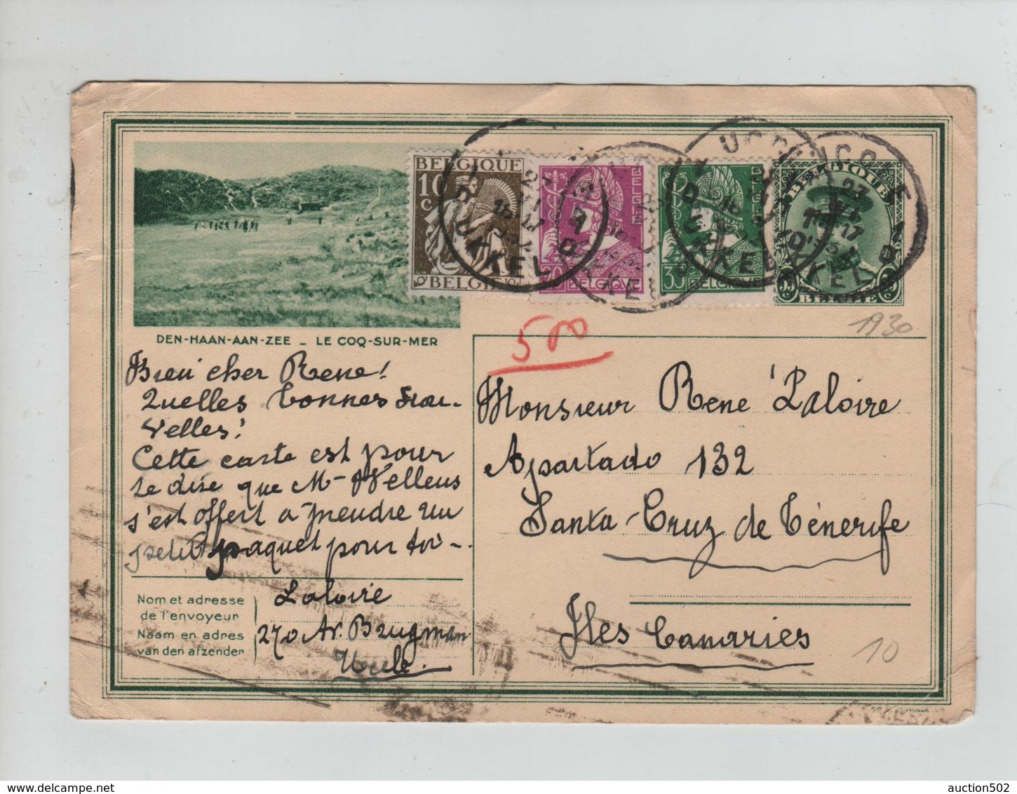 377PR/ Entier CP Illustrée 9/10 + TP 337-338-340 C.Uccle 27/6/1932 > Santa Cruz De Tenerife Îles Canaries - Tarjetas Ilustradas (1971-2014) [BK]