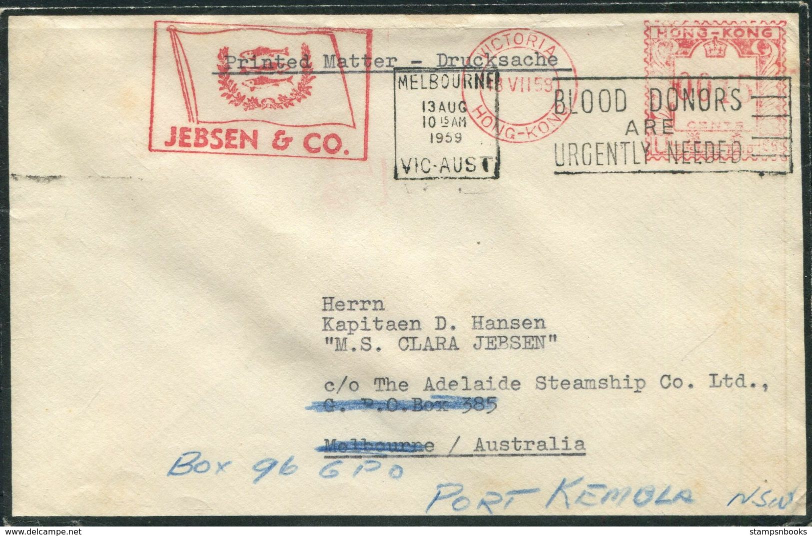 1959 Jebsen & Co. Franking Machine Airmail Cover - Capt. Hansen,M.S. CLARA JEBSEN Ship,Melbourne Australia,Mackerel Fish - Cartas & Documentos