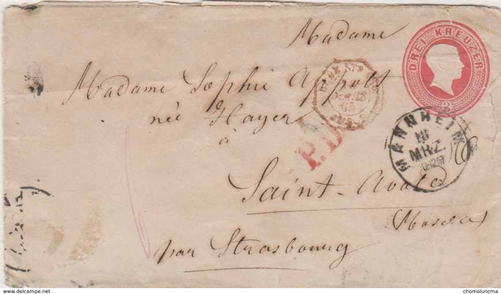 1865 Manheim / Saint Avold  PD + Timbre D'Entrée  Ambulant STRASB. AMB.  Strasbourg + Taxe 6 D. + Gr. Bad. Bahnpost..... - Postal  Stationery