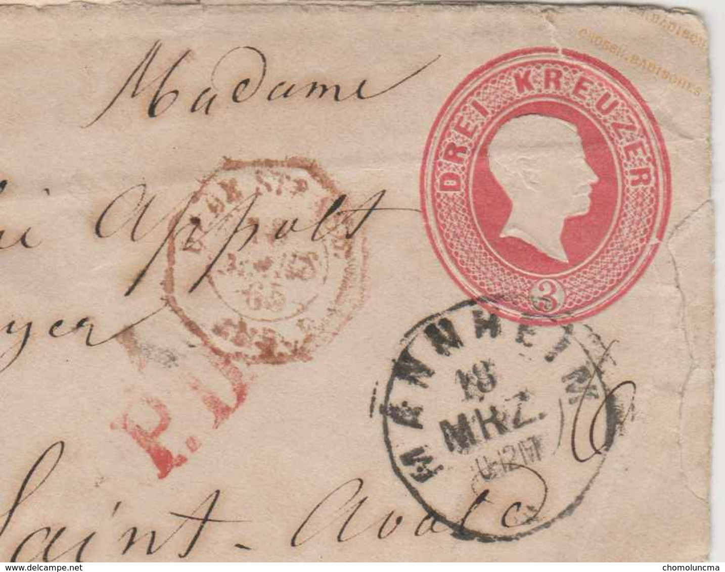 1865 Manheim / Saint Avold  PD + Timbre D'Entrée  Ambulant STRASB. AMB.  Strasbourg + Taxe 6 D. + Gr. Bad. Bahnpost..... - Enteros Postales