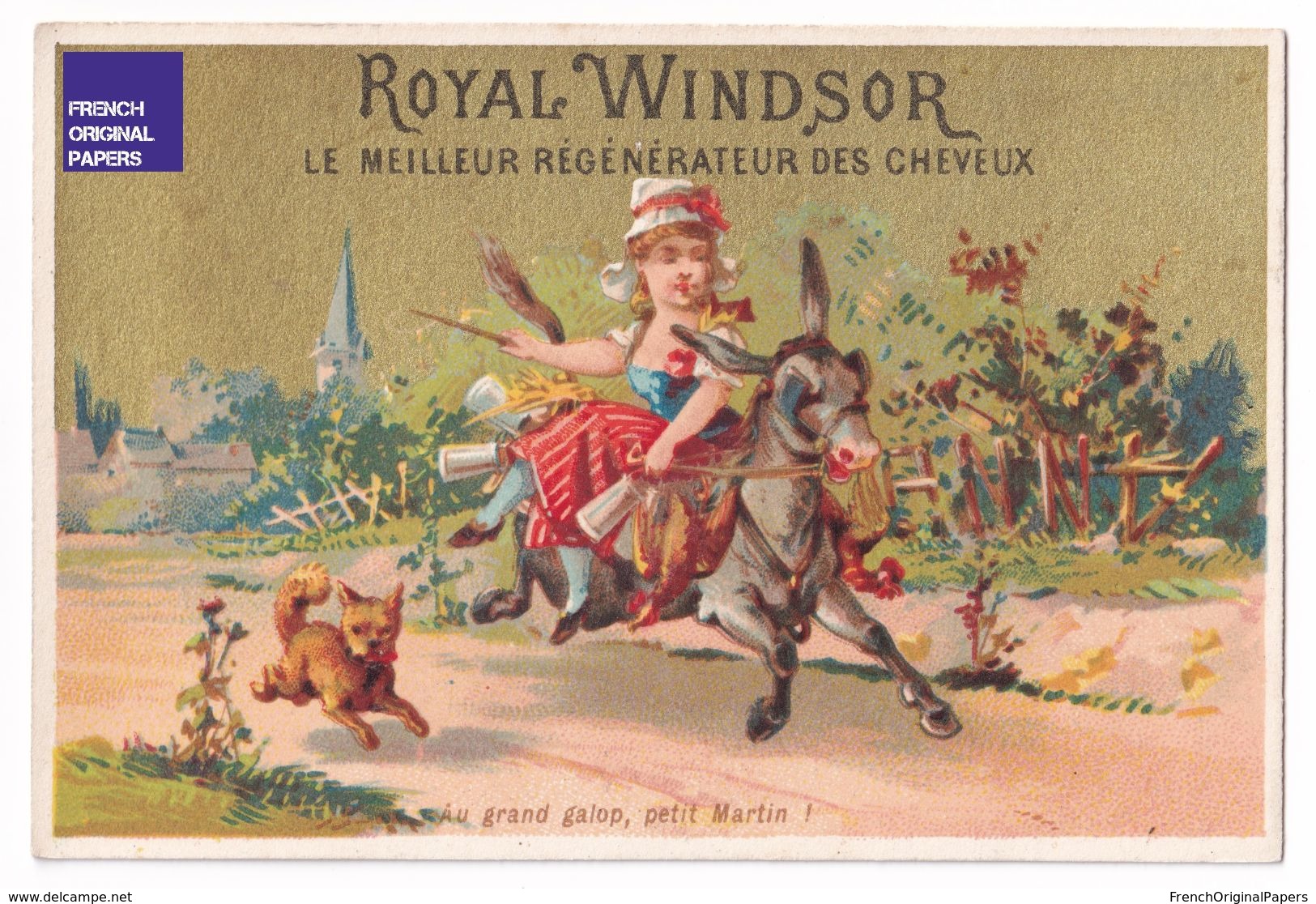 Jolie Chromo Dorée Royal Windsor équitation âne Martin Fille Robe - Victorian Trade Card Dress Girl Donkey Dog A38-48 - Other & Unclassified