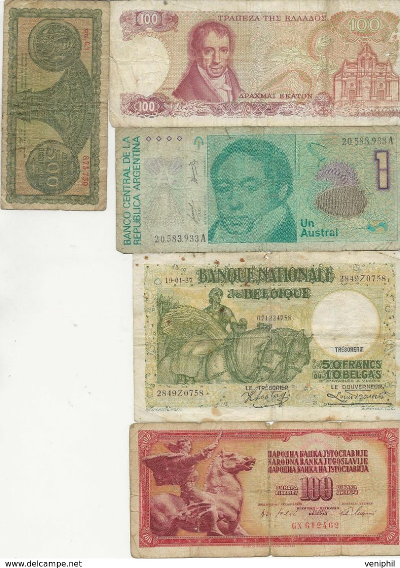 LOT DE 17 BILLETS -ARGENTINE-GRECE-BELGIQUE-YOUGOSLAVIE-ESPAGNE-ALLEMAGNE-CEYLAN-ITALIE -LIBAN-BRESIL-ALGERIE - Vrac - Billets