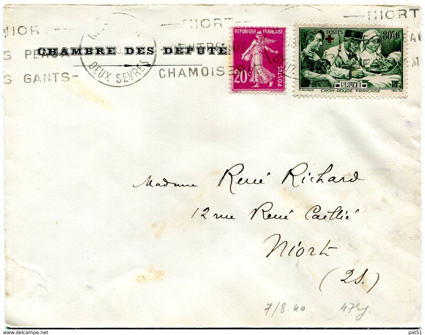 LETTRE : Yvert Croix Rouge N° 459 + Semeuse 20 C 1940 - Cartas & Documentos