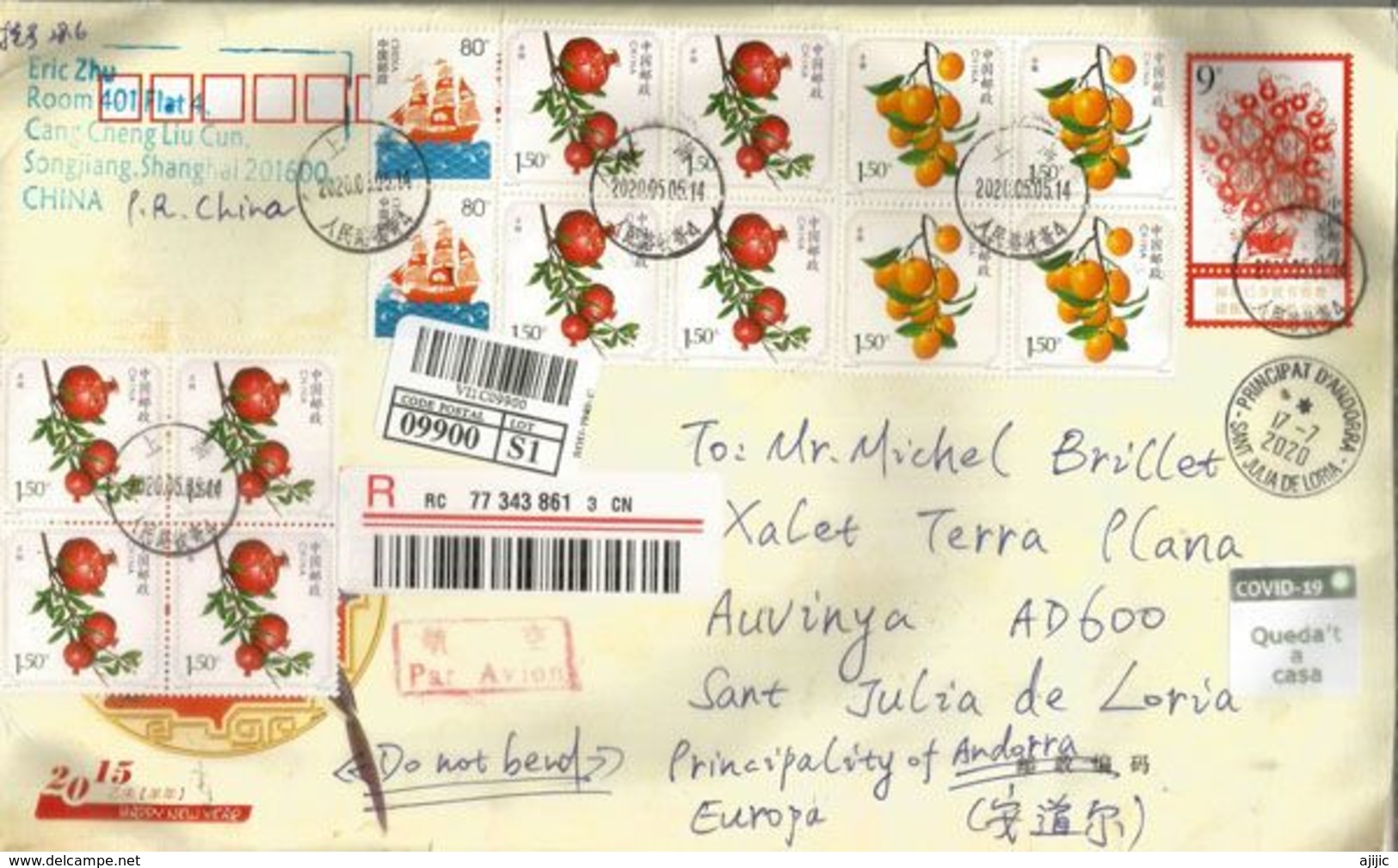 Registered Letter From Shanghai, Sent During COVID19 Lockdown (early May 2020) To Andorra,w/local Prevention STAY HOME ! - Abarten Und Kuriositäten
