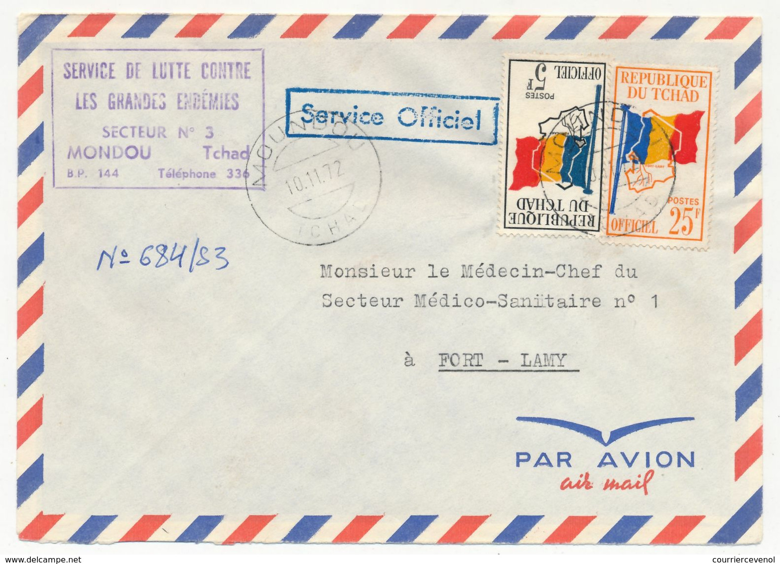 TCHAD - Env. - Courrier Affr Timbres Officiels 25F + 5f - Service De Lutte Contre Les Grandes Endémies MONDOU Tchad 1972 - Chad (1960-...)