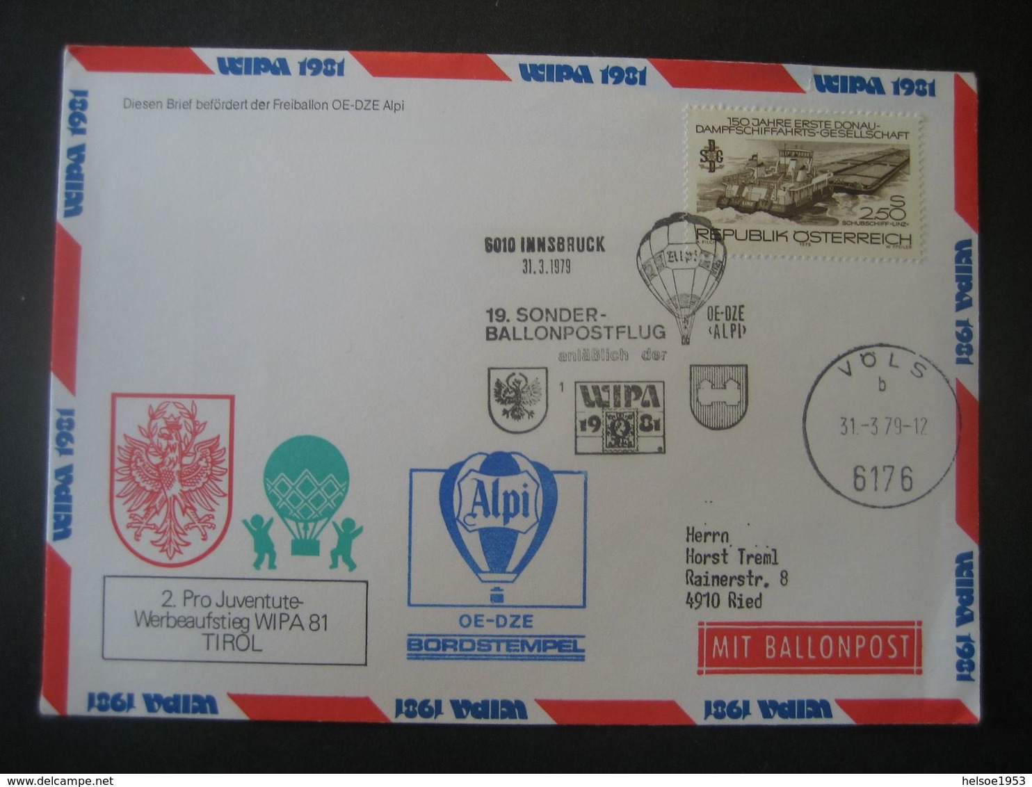 Österreich 1979- WIPA1981 19. Sonderballonpostflug Innsbruck 31.3.1979 - Per Palloni