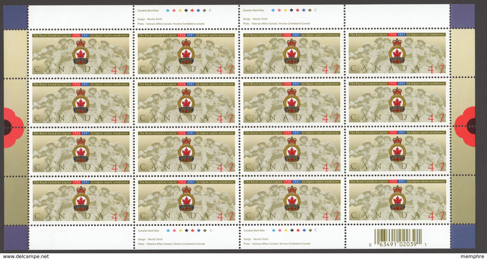 2001  TheRoyal Canadian Legion Scott 1926  Complete MNH Sheet Of 16 ** - Hojas Completas