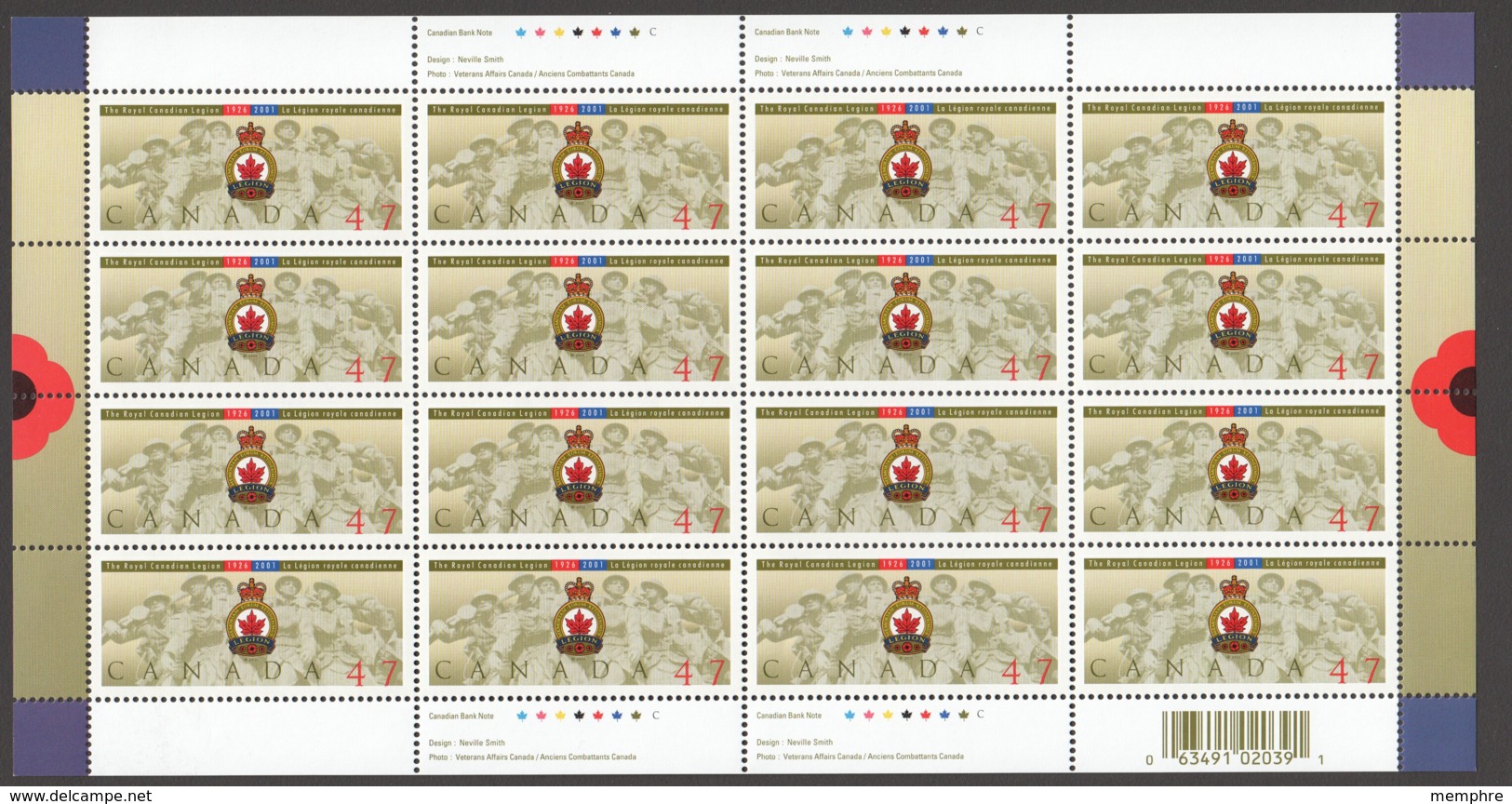 2001  TheRoyal Canadian Legion Scott 1926  Complete MNH Sheet Of 16 ** - Volledige & Onvolledige Vellen