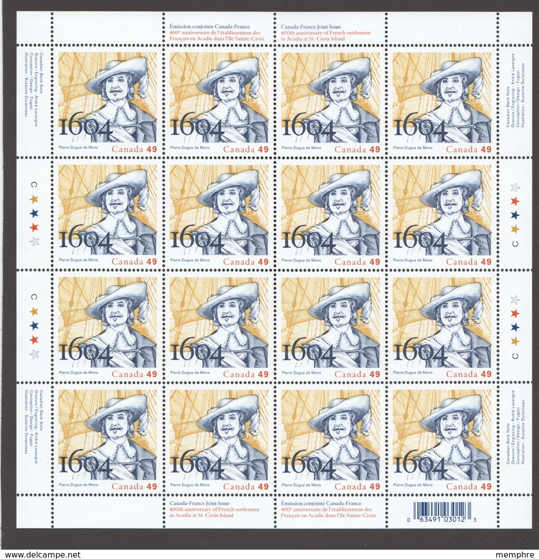 2004  Pierre Dugua Settler In Acadia    MNH Sheet Of 16   Sc 2044 ** - Fogli Completi