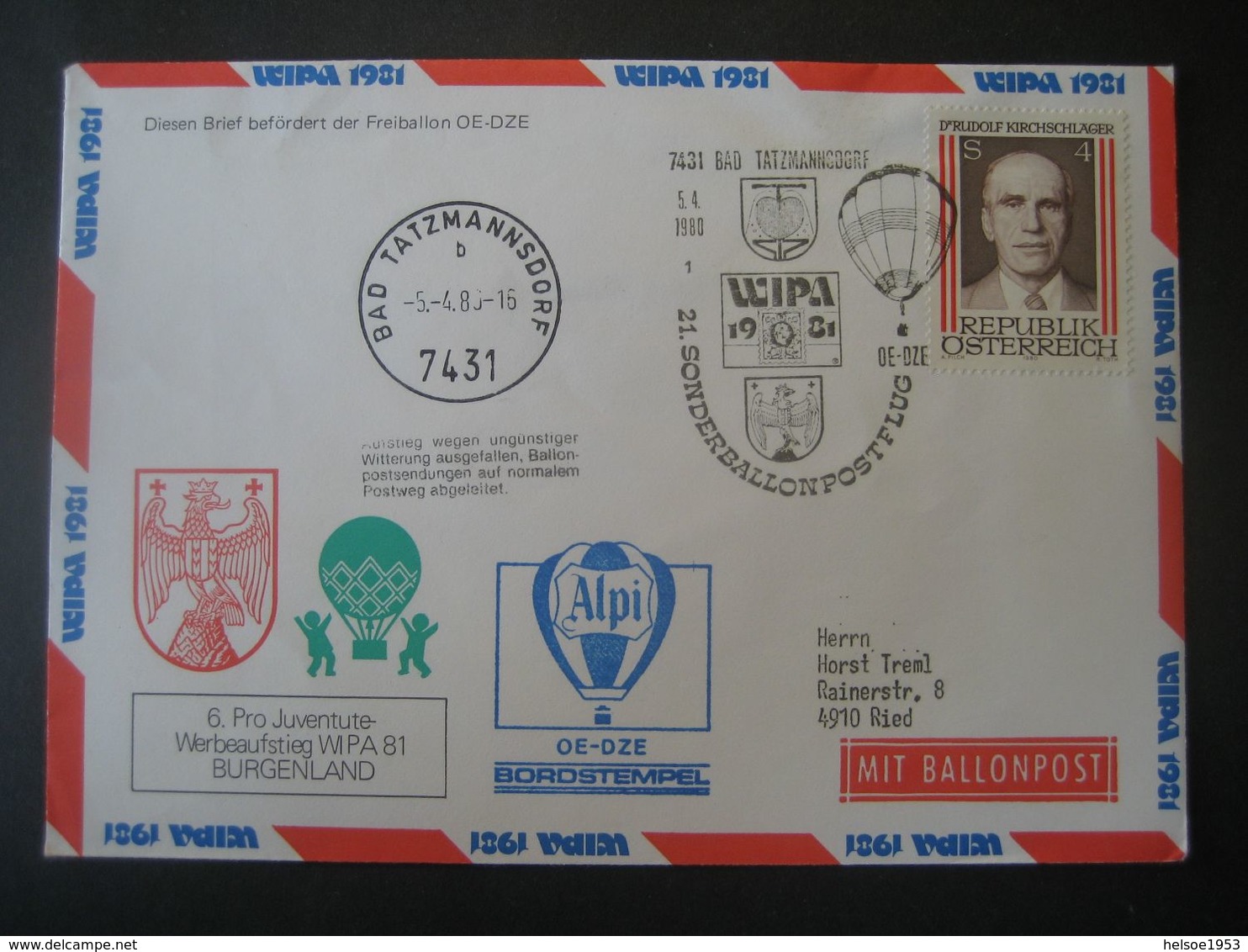 Österreich 1980- WIPA1981 21. Sonderballonpostflug Bad Tatzmannsdorf 5.4.1980 - Per Palloni